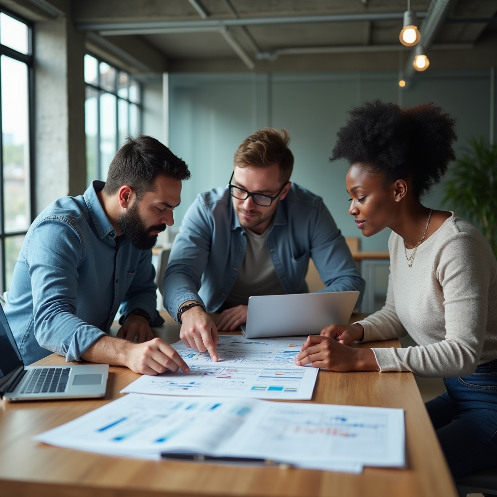 Líder técnico reunido con su equipo revisando prioridades sobre una mesa con notebooks