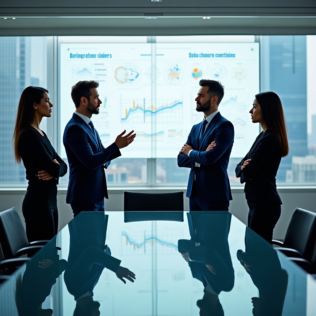 Equipo de liderazgo analizando información parcial durante una sesión de toma de decisiones