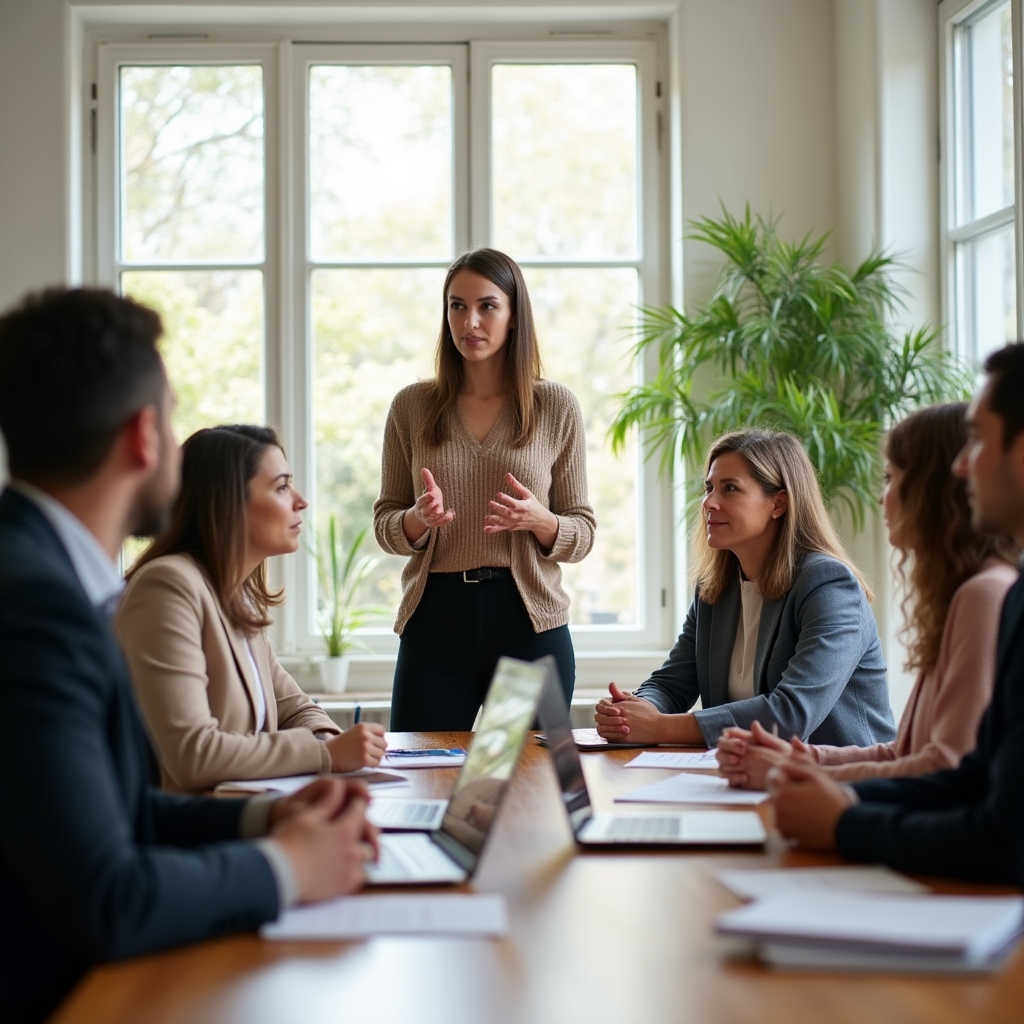 Grupo de profesionales técnicos participando de un taller de comunicación alrededor de una mesa
